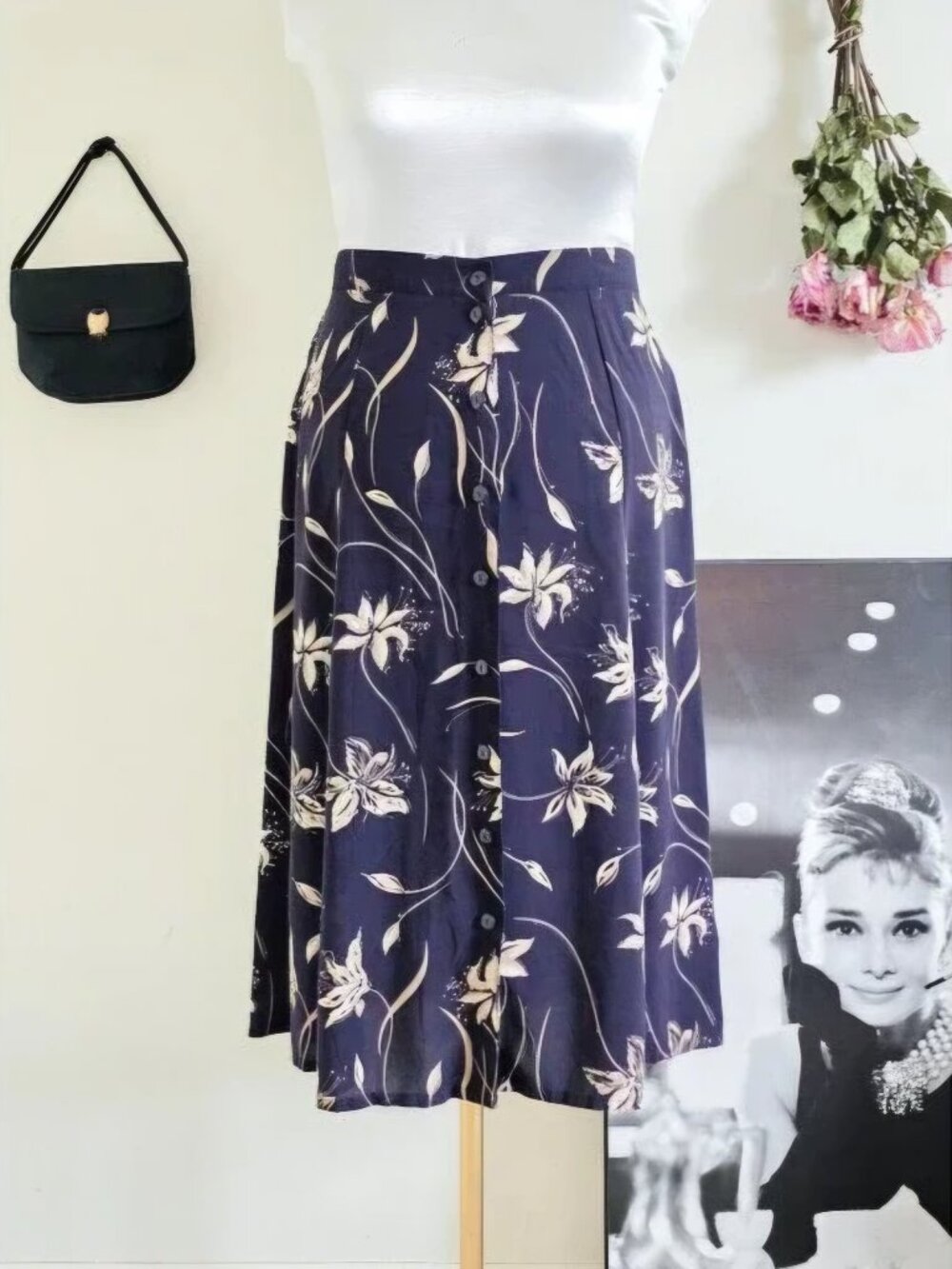 Sag Harbor Petite VTG Women's Midi Skirt A-line Cottagecore Navy Floral Size PL